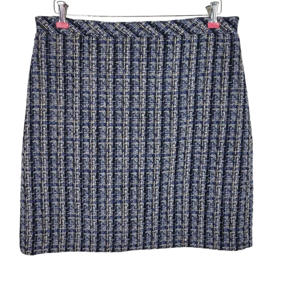 Ann Taylor Factory Tweed Skirt Suit 12 Black Tan Fringe Trim Pockets Open Front - Picture 7 of 11